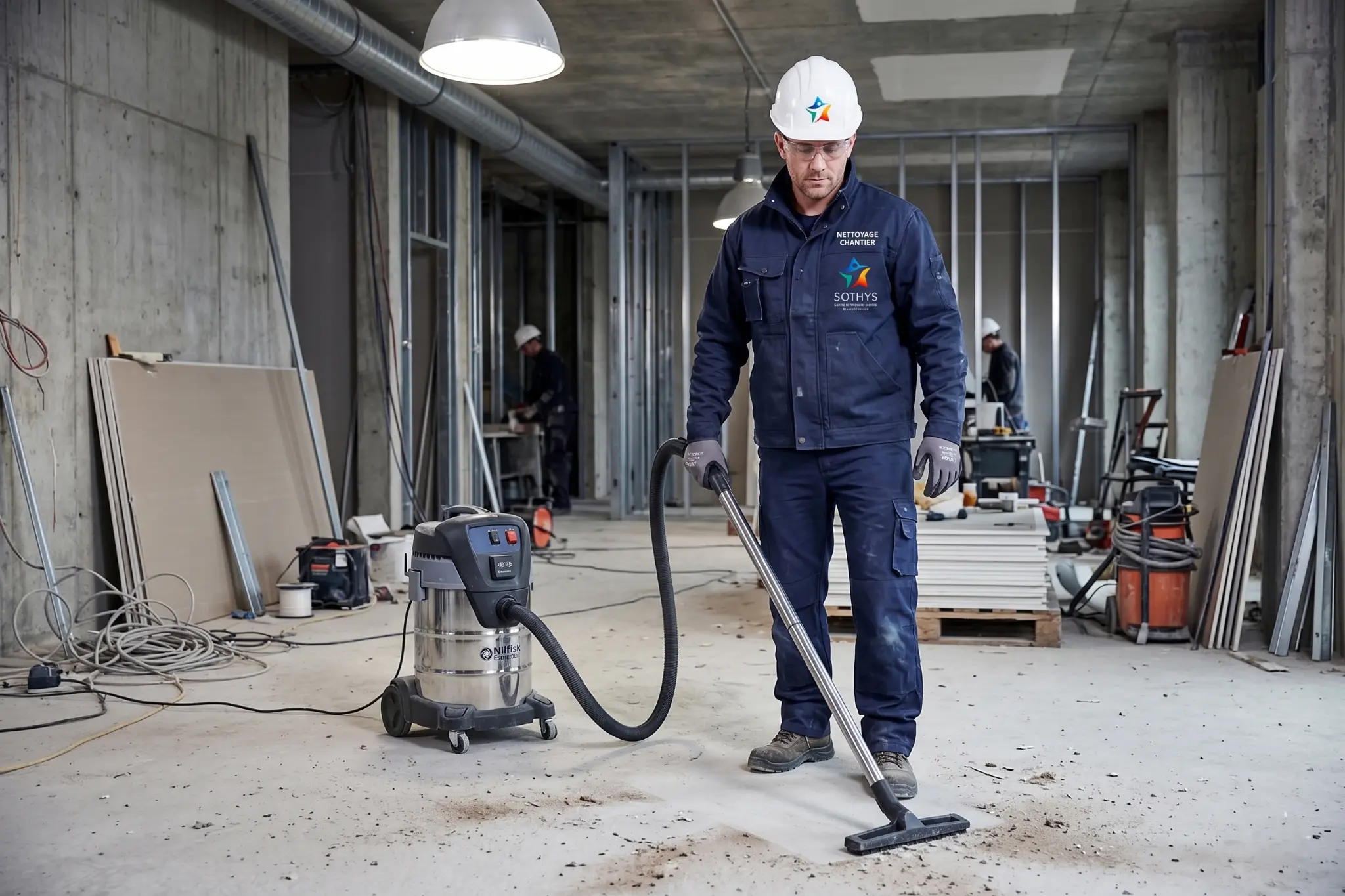Ouvrier en tenue de chantier nettoyant un sol de béton avec un aspirateur professionnel Nilfisk dans un bâtiment en