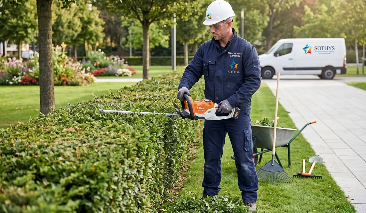 Agent SOTHYS en uniforme bleu avec casque blanc utilisant une tronçonneuse STIHL pour tailler une haie dans un parc verdoyant