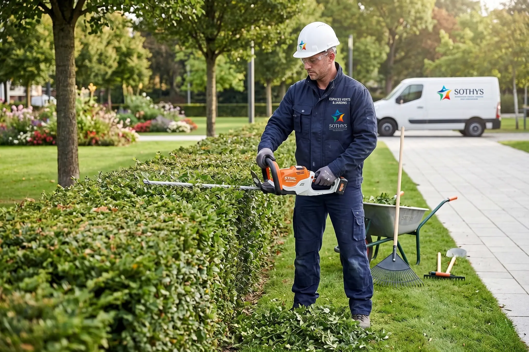 Professionnel en uniforme SOTHYS taillant une haie avec un taille-haie électrique STIHL dans un parc