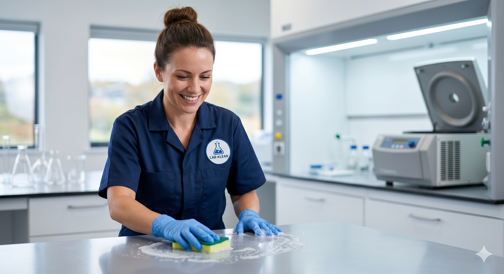 Femme en uniforme bleu Lab-Klean nettoyant une surface de laboratoire avec une éponge verte, gants bleus, dans un