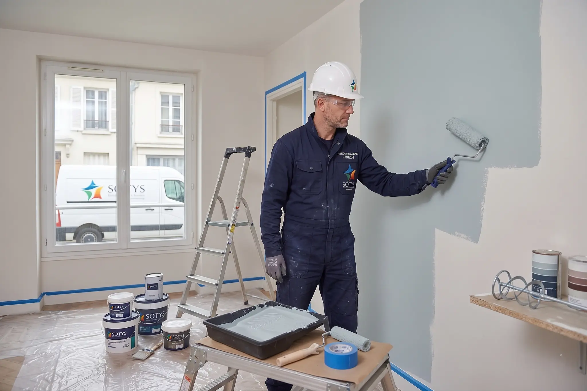 Ouvrier en casque blanc et combinaison bleue peignant un mur blanc avec un rouleau, entouré de pots de peinture SOTYS et