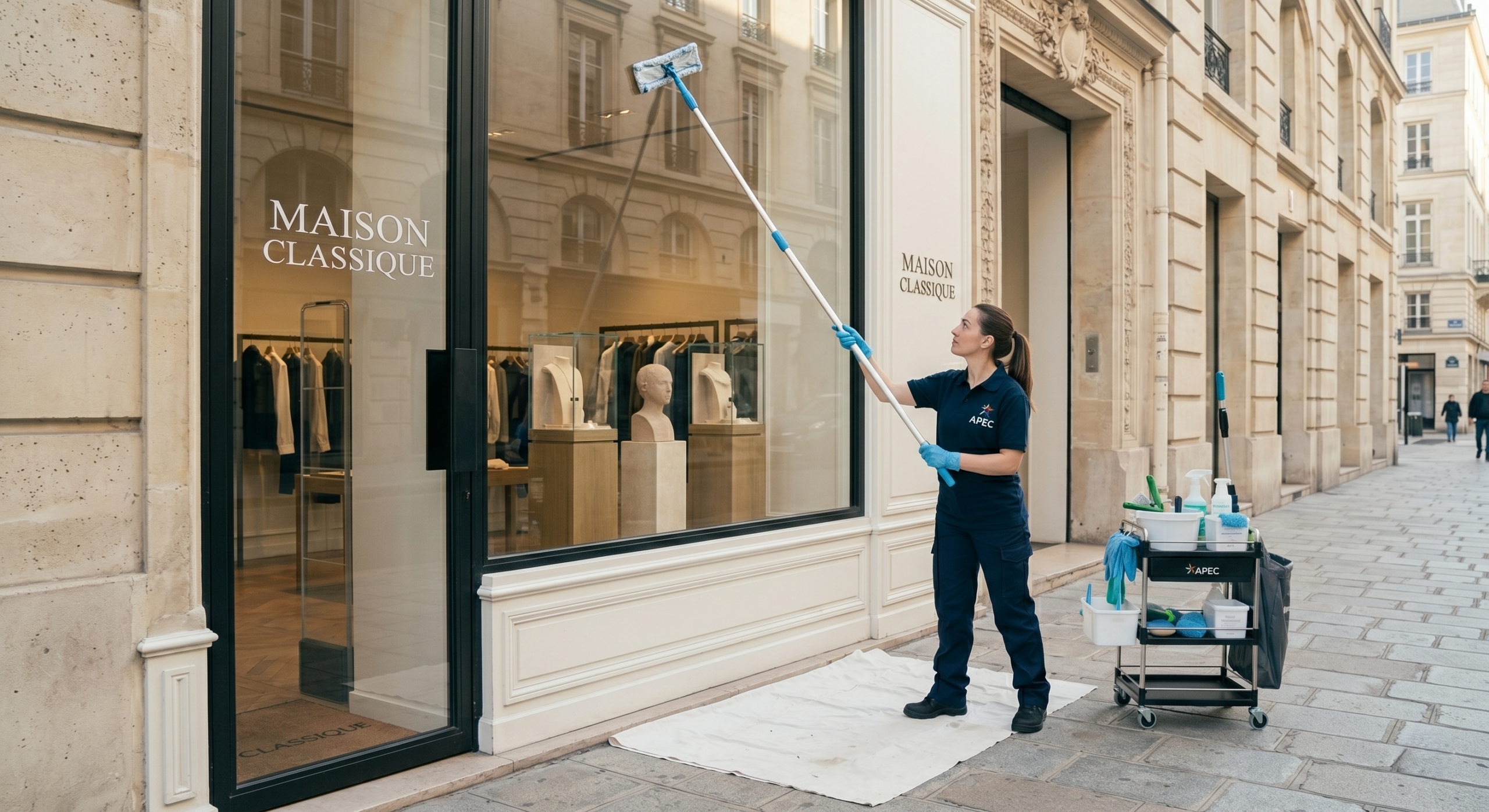 Agent de nettoyage APEC lavant la vitrine d'une boutique Maison Classique avec un racloir à long manche sur une rue