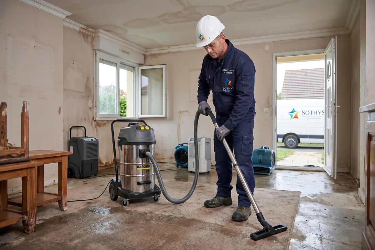 Technicien en uniforme Sothys utilisant un aspirateur-extracteur pour nettoyer le sol d'une maison en rénovation